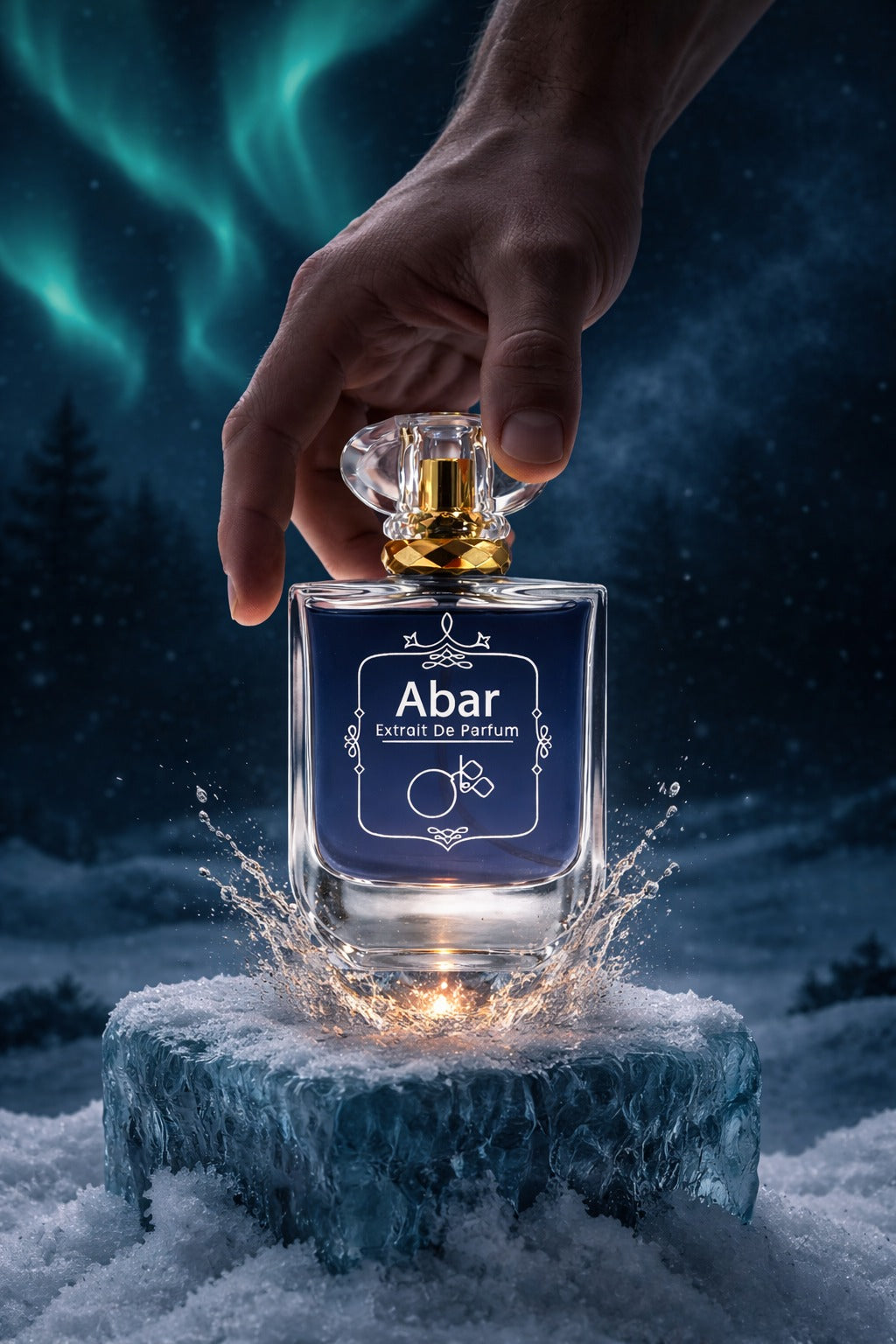 Hand holding a perfume bottle labeled 'Abar' against a snowy landscape with northern lights.