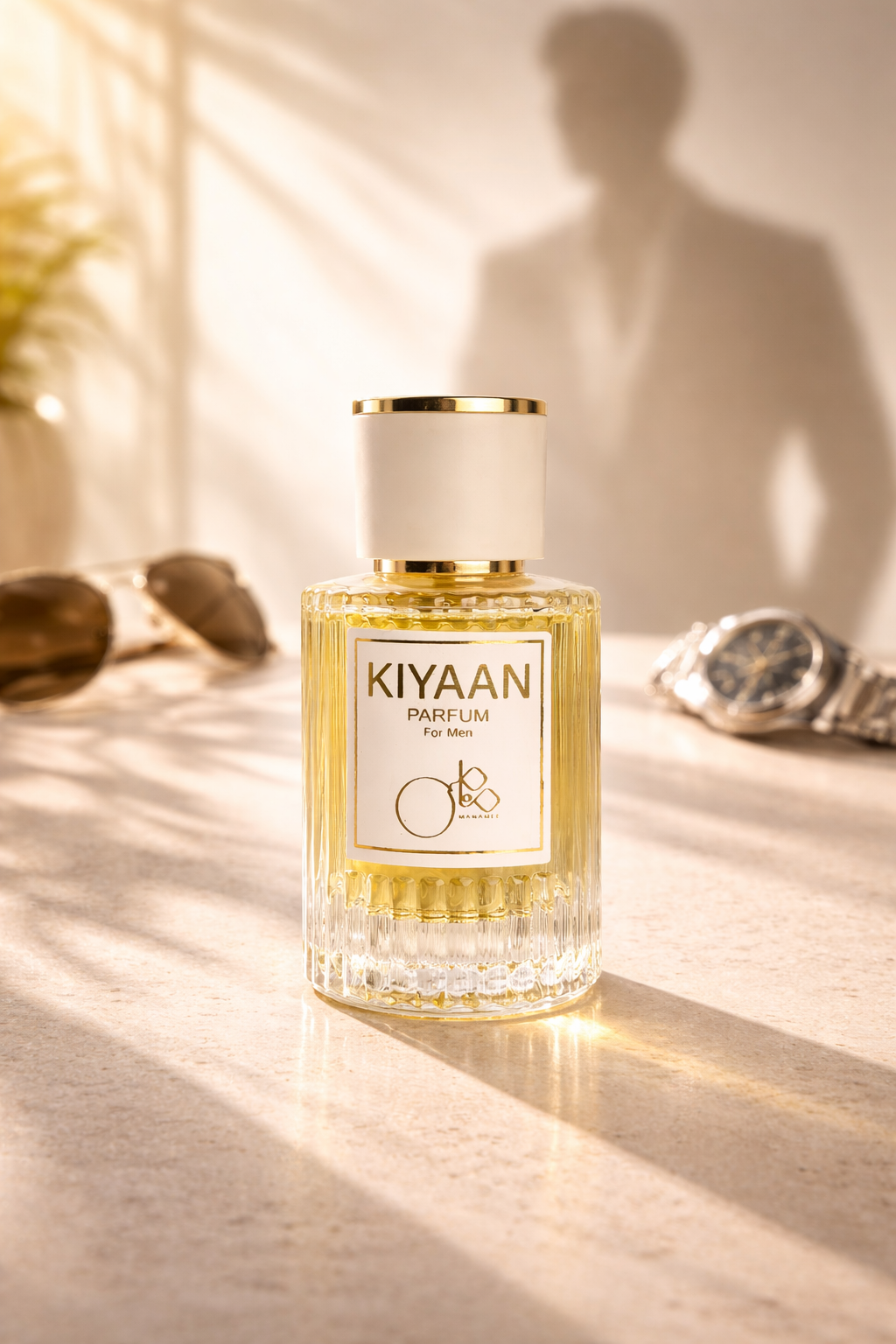 KIYAAN perfume bottle on a light surface with soft shadows