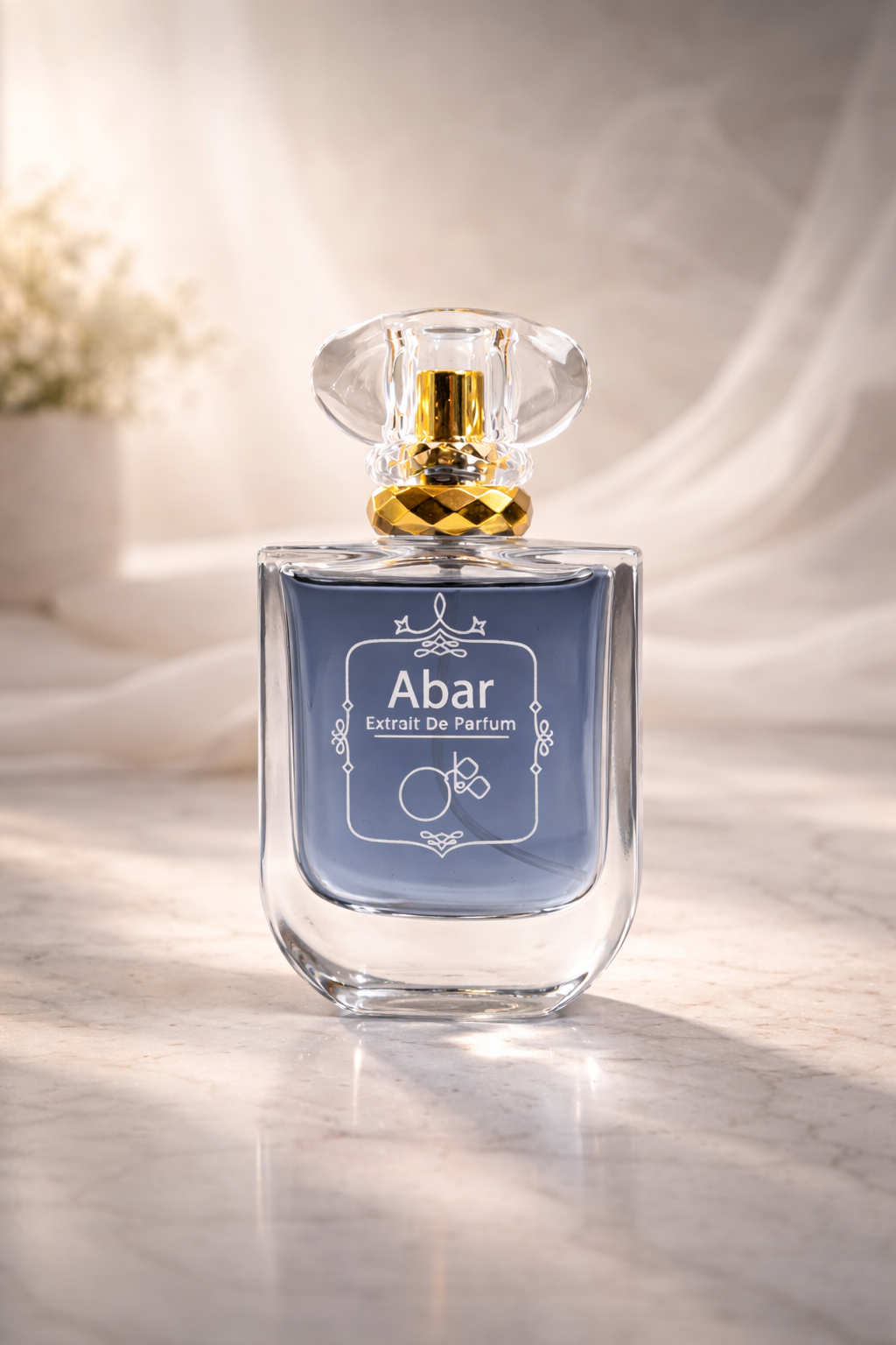 Perfume bottle labeled 'Abar' on a marble surface with soft lighting