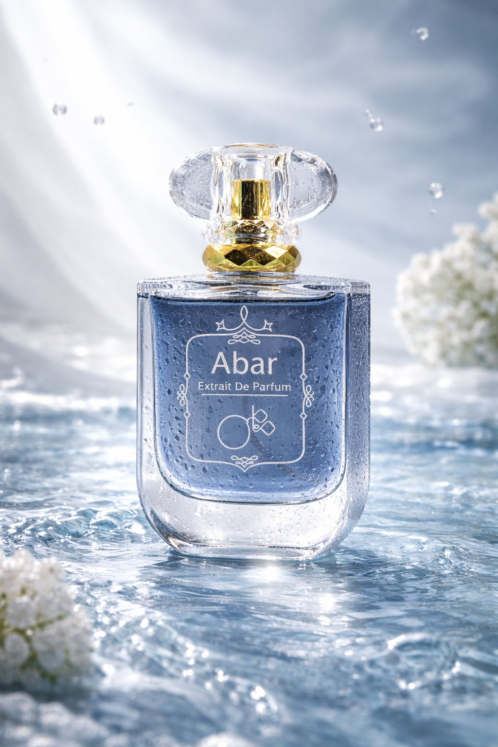 Perfume bottle labeled 'Abar' on a reflective water surface with white flowers.