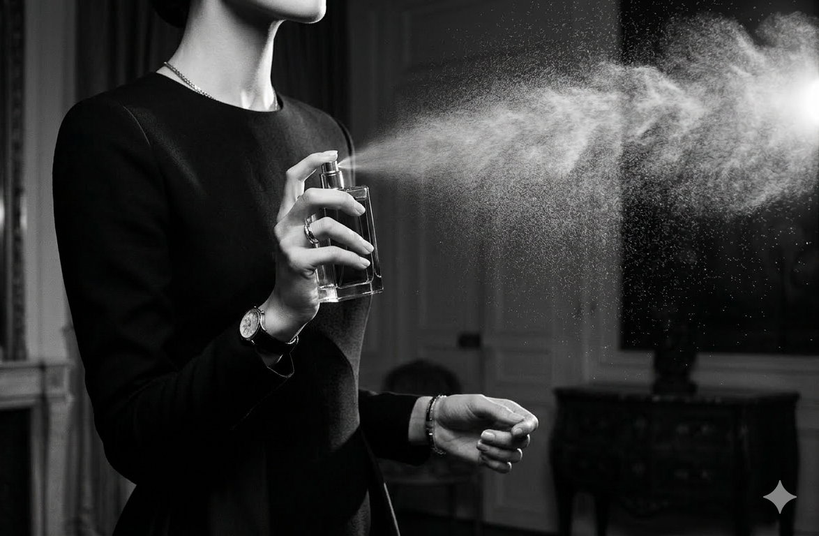 Person holding a glass with a spray action, possibly in a formal setting.